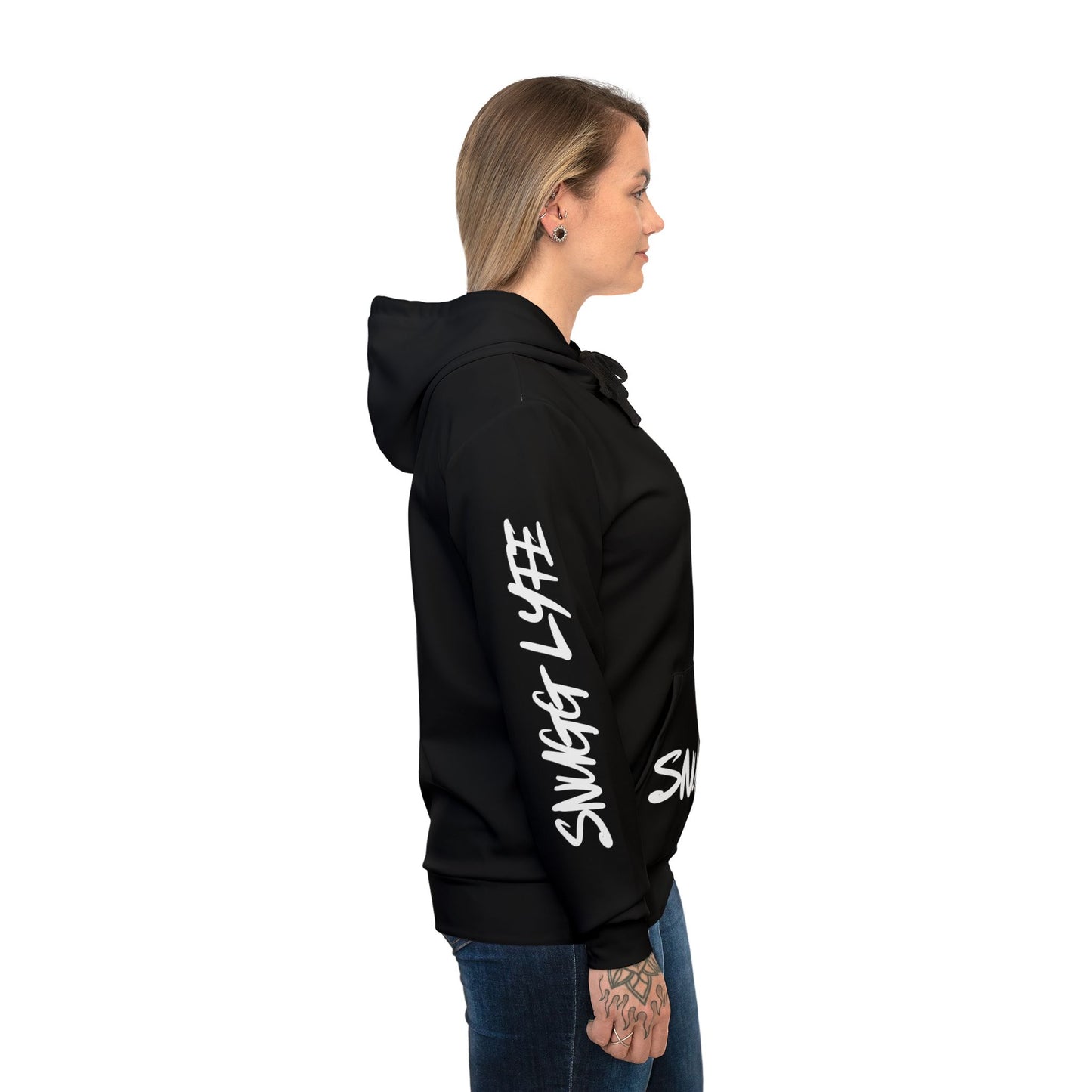 Athletic Hoodie — "SNUGG LYFE" Graphic Pullover with Sleeve Script