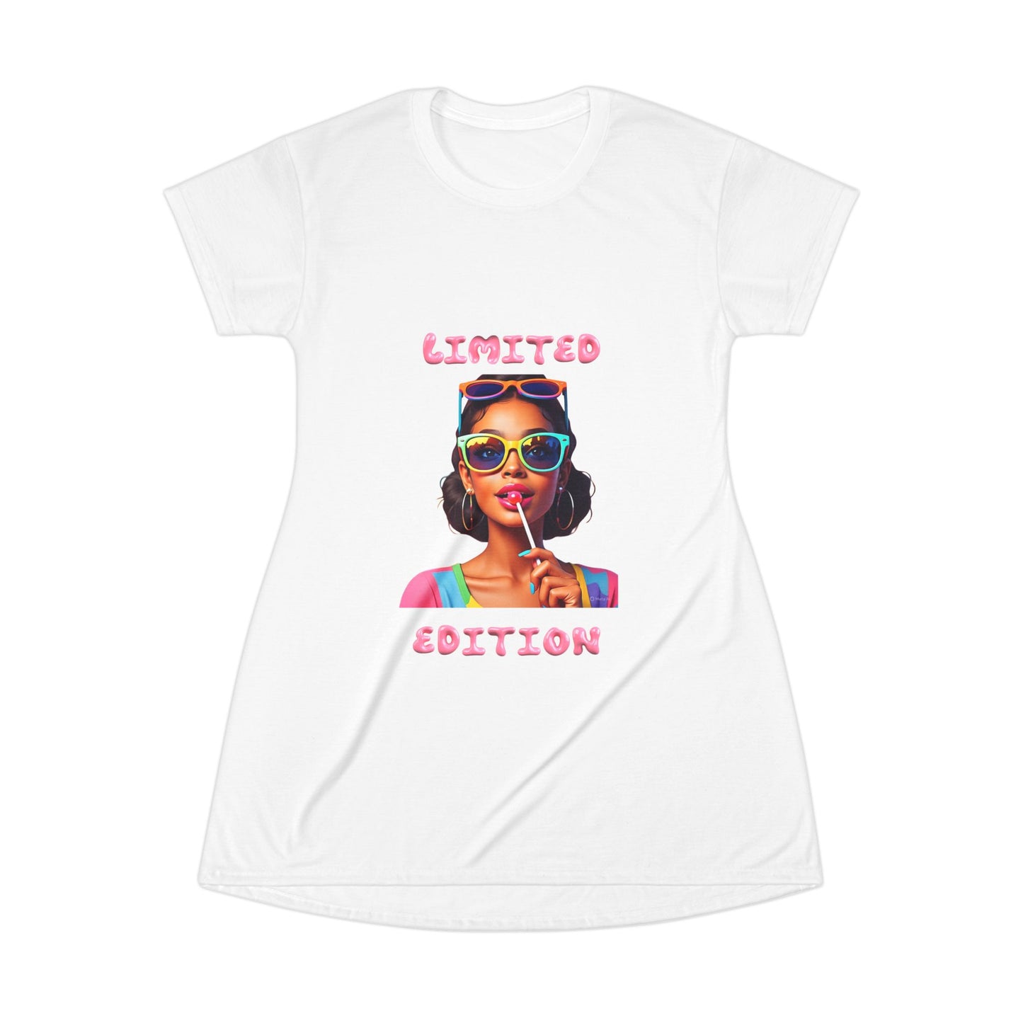Limited Edition Graphic T-Shirt Dress — Retro Pop Art Woman with Sunglasses & Lollipop