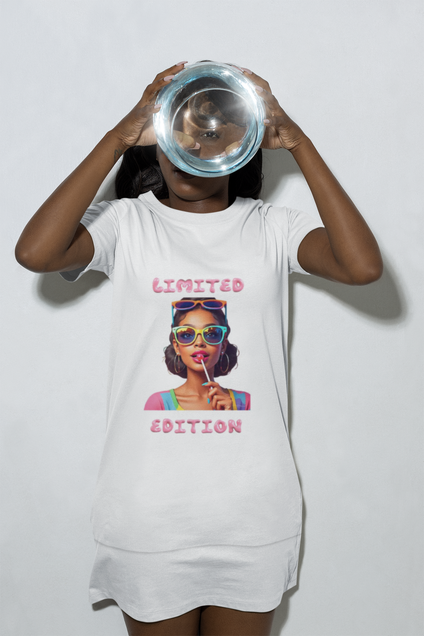 Limited Edition Graphic T-Shirt Dress — Retro Pop Art Woman with Sunglasses & Lollipop