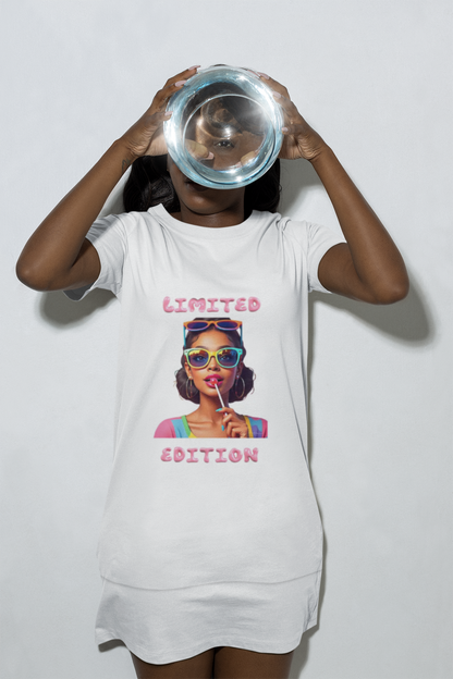 Limited Edition Graphic T-Shirt Dress — Retro Pop Art Woman with Sunglasses & Lollipop