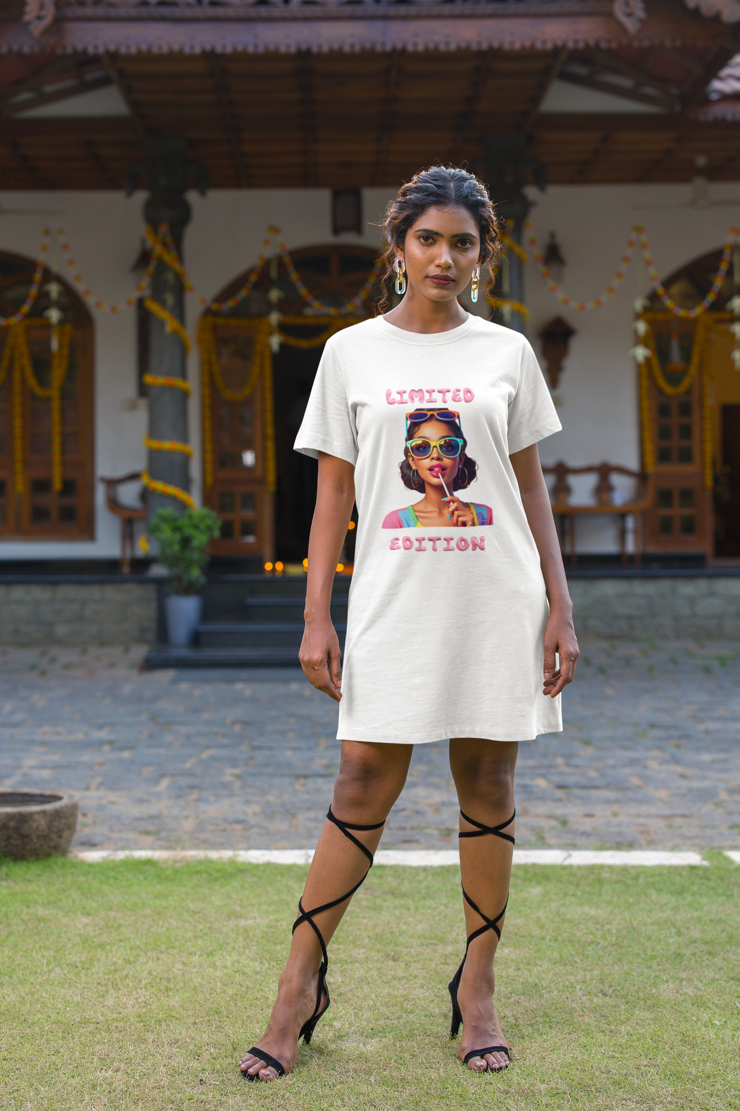 Limited Edition Graphic T-Shirt Dress — Retro Pop Art Woman with Sunglasses & Lollipop